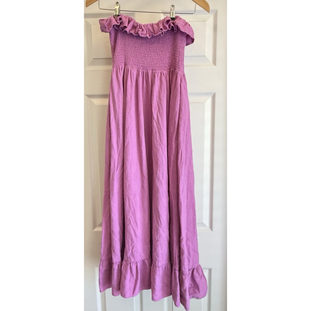 Free People Maxi Dress  Small Purple Linen Smocked Ruffle Boho Strapless - Picture 5 of 9